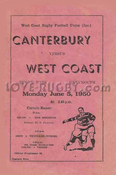 1950 West Coast (NZ) v Canterbury  Rugby Programme